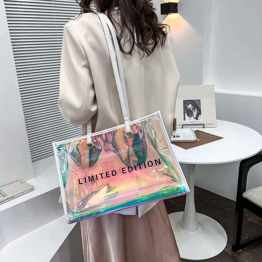 Women Clear Tote PVC Laser Waterproof Transparent Handbags Female Large Shopper
