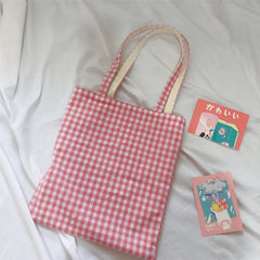 Plaid Canvas Shoulder Bag Eco-Friendly Large Shopping Handbag