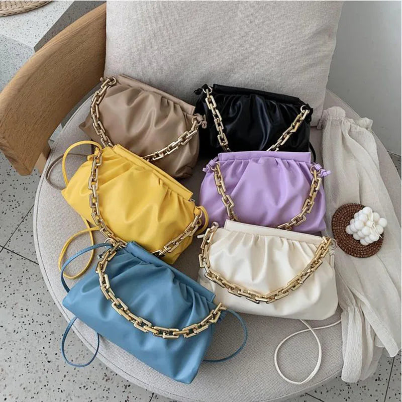 Women Cloud Ruched Shoulder Bags Female Thick Chain Handbags Crossbody Bags