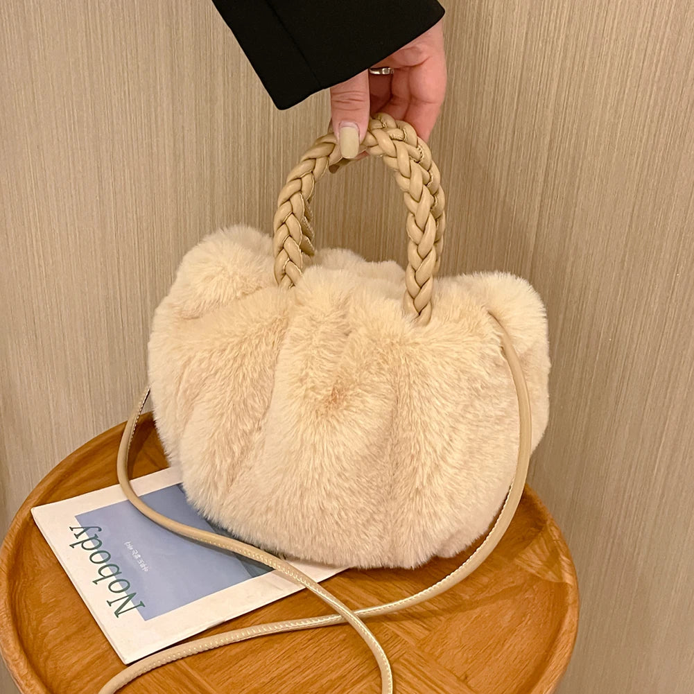 Soft Plush Women Clutch Handbag Woven Handle Winter Purse