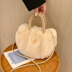 Soft Plush Women Clutch Handbag Woven Handle Winter Purse
