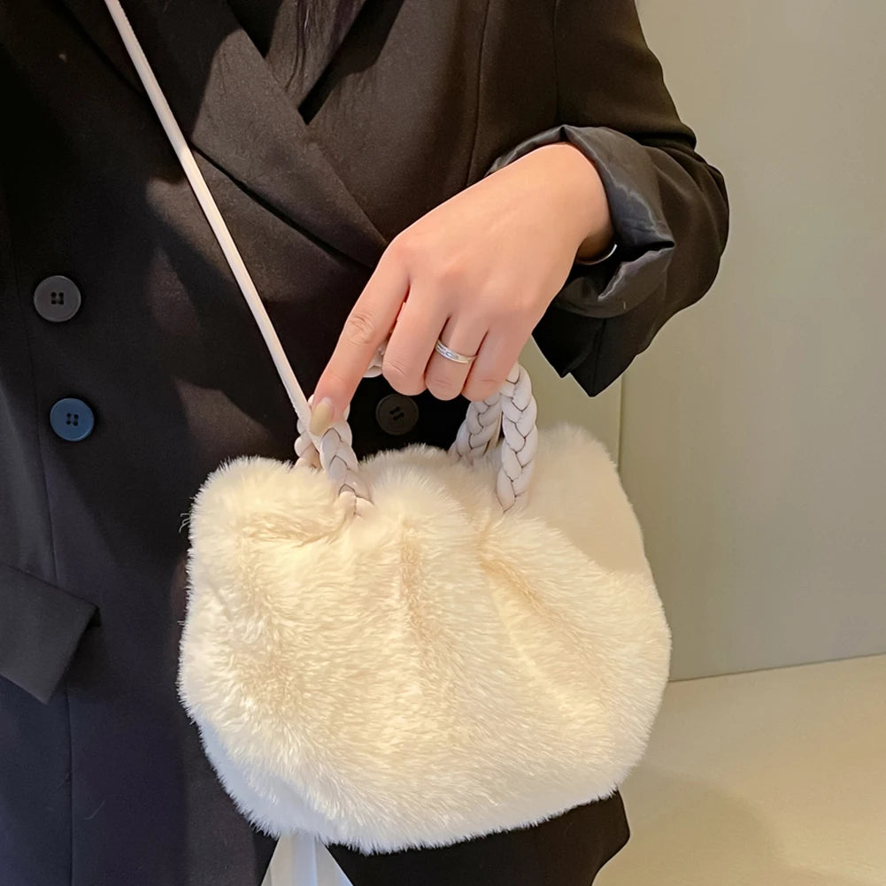 Soft Plush Women Clutch Handbag Woven Handle Winter Purse