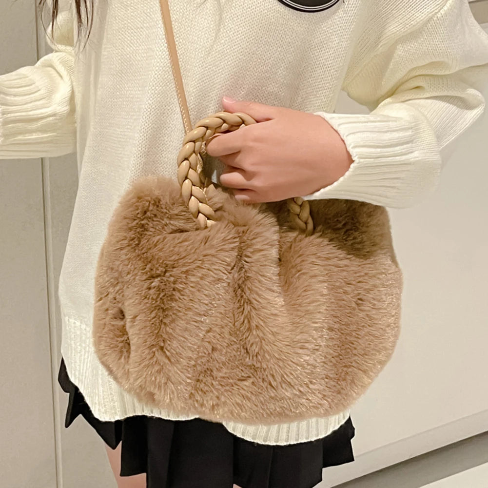 Soft Plush Women Clutch Handbag Woven Handle Winter Purse