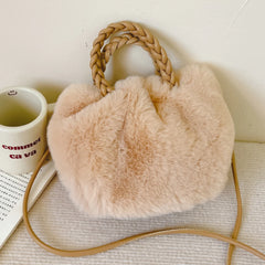 Soft Plush Women Clutch Handbag Woven Handle Winter Purse