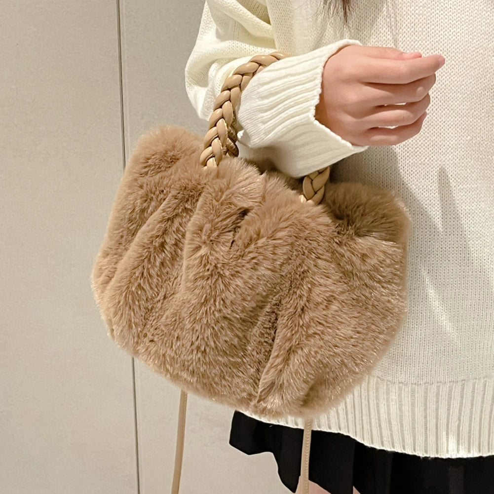 Soft Plush Women Clutch Handbag Woven Handle Winter Purse