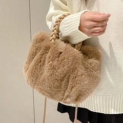 Soft Plush Women Clutch Handbag Woven Handle Winter Purse