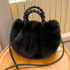 Soft Plush Women Clutch Handbag Woven Handle Winter Purse