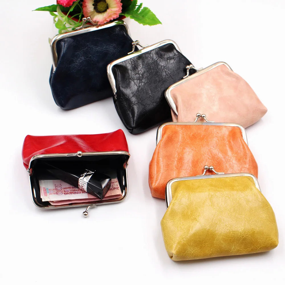 Women Coin Purse Oil Wax PU Leather Wallet 4 Inch Buckle Mini Wallet Coin Bag