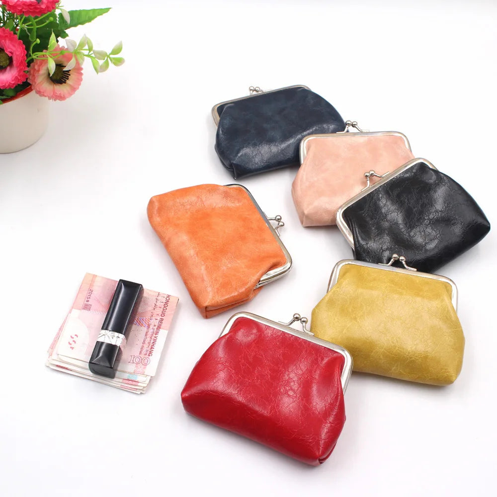 Women Coin Purse Oil Wax PU Leather Wallet 4 Inch Buckle Mini Wallet Coin Bag