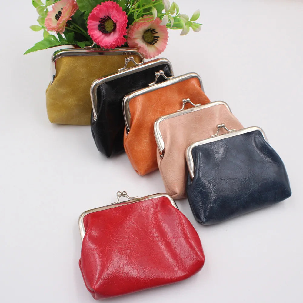 Women Coin Purse Oil Wax PU Leather Wallet 4 Inch Buckle Mini Wallet Coin Bag