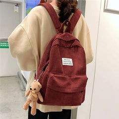 Corduroy Backpack High School College Students Book Bag Retro Female Backpacks