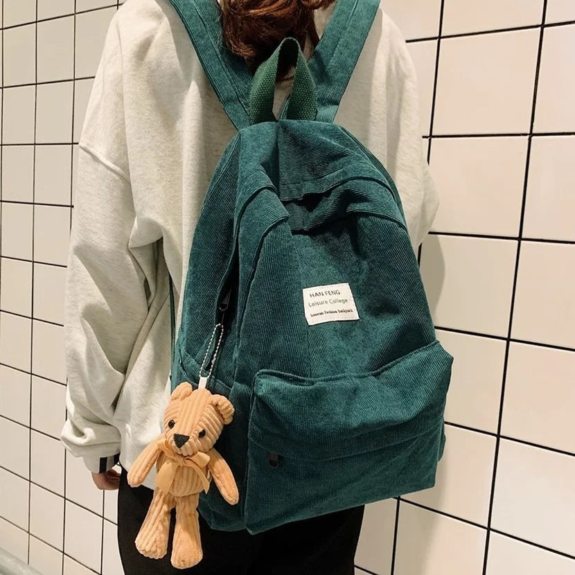 Corduroy Backpack High School College Students Book Bag Retro Female Backpacks