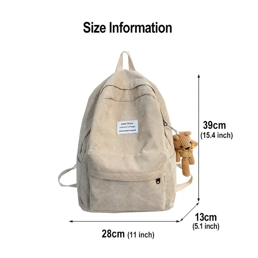 Corduroy Backpack High School College Students Book Bag Retro Female Backpacks