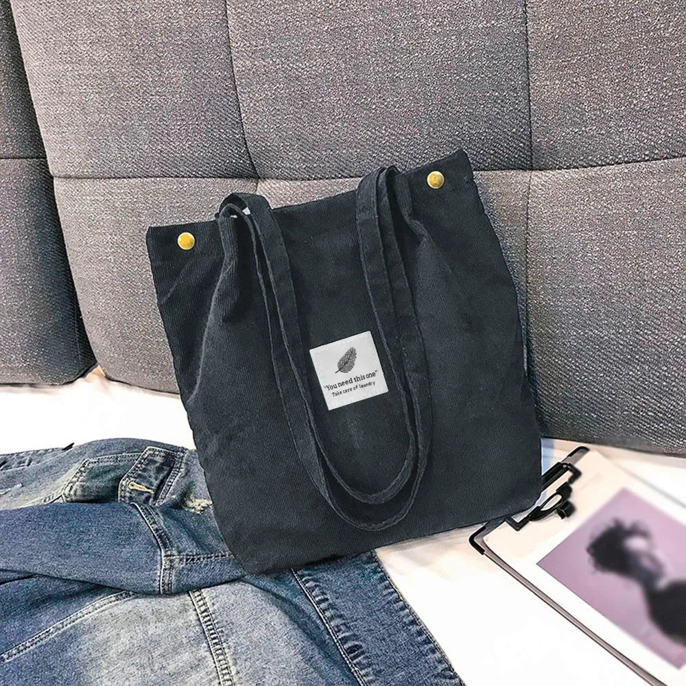 Women Corduroy Canvas Tote Handbag Reusable Shoulder Bag Girls Casual Shopping