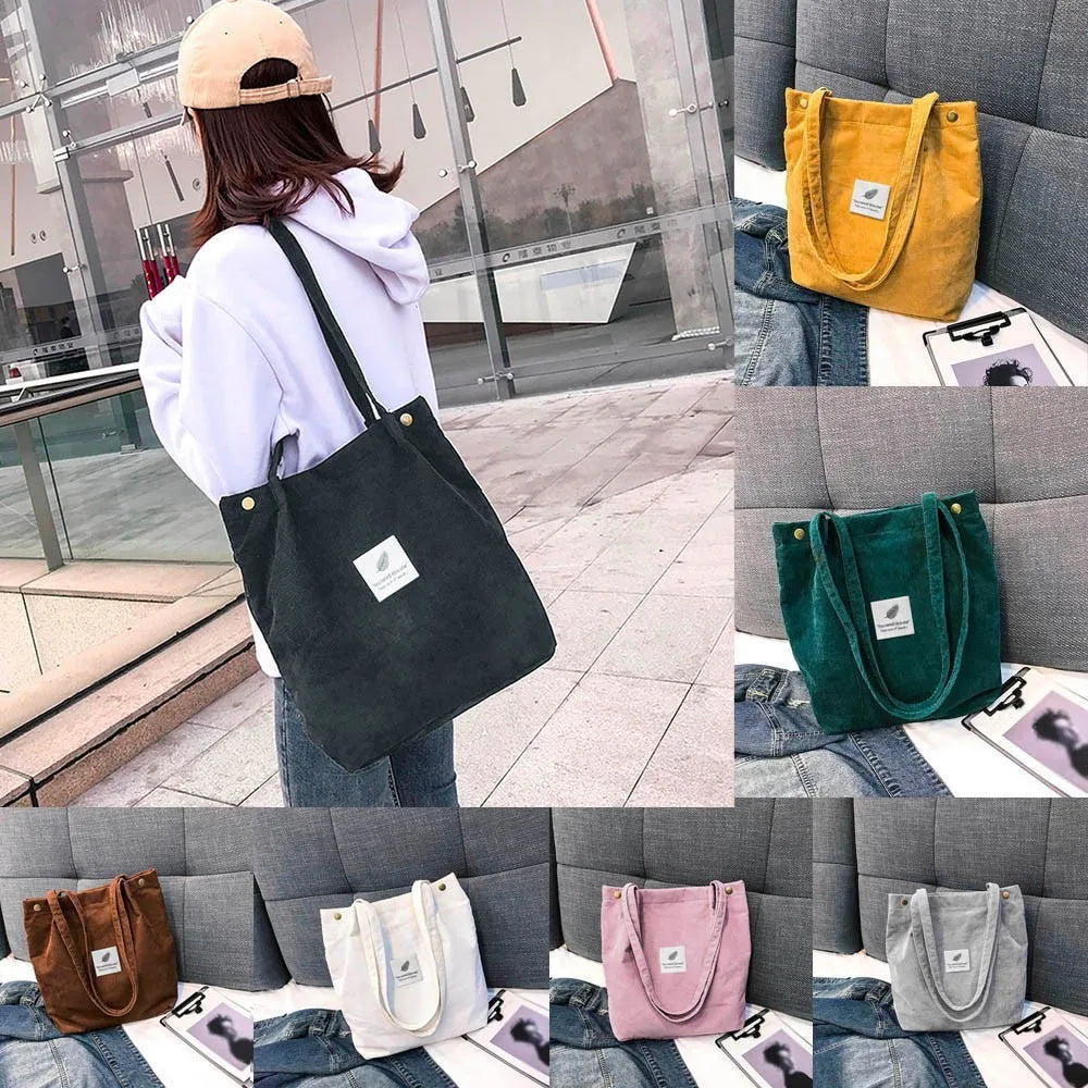 Women Corduroy Canvas Tote Handbag Reusable Shoulder Bag Girls Casual Shopping