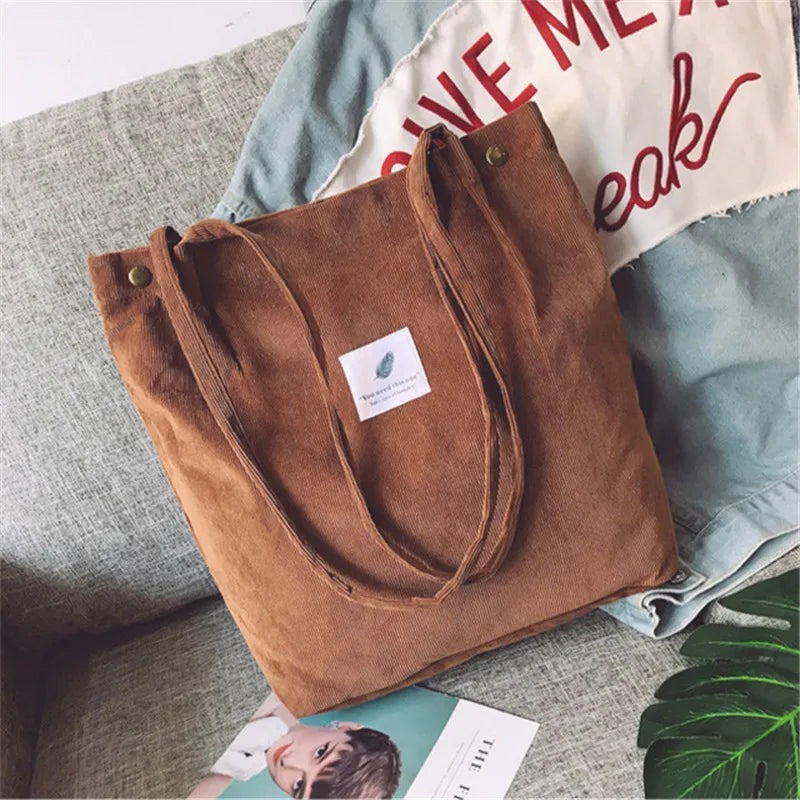 Women Corduroy Shopping Bag Canvas Shoulder Handbag Eco Tote