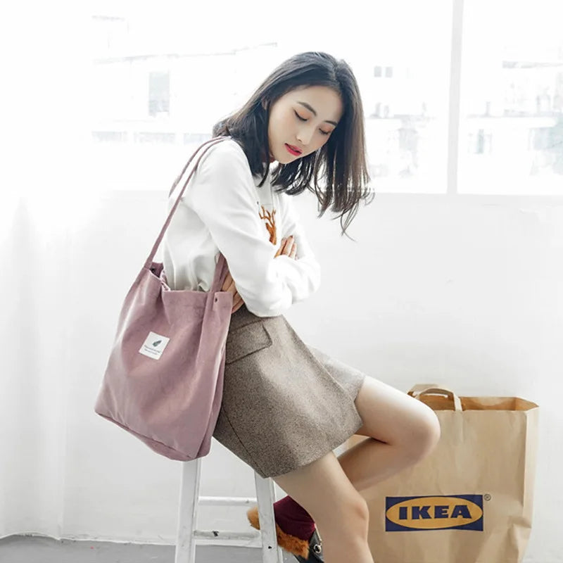 Corduroy Canvas Shoulder Bag Eco-Friendly Storage Handbag