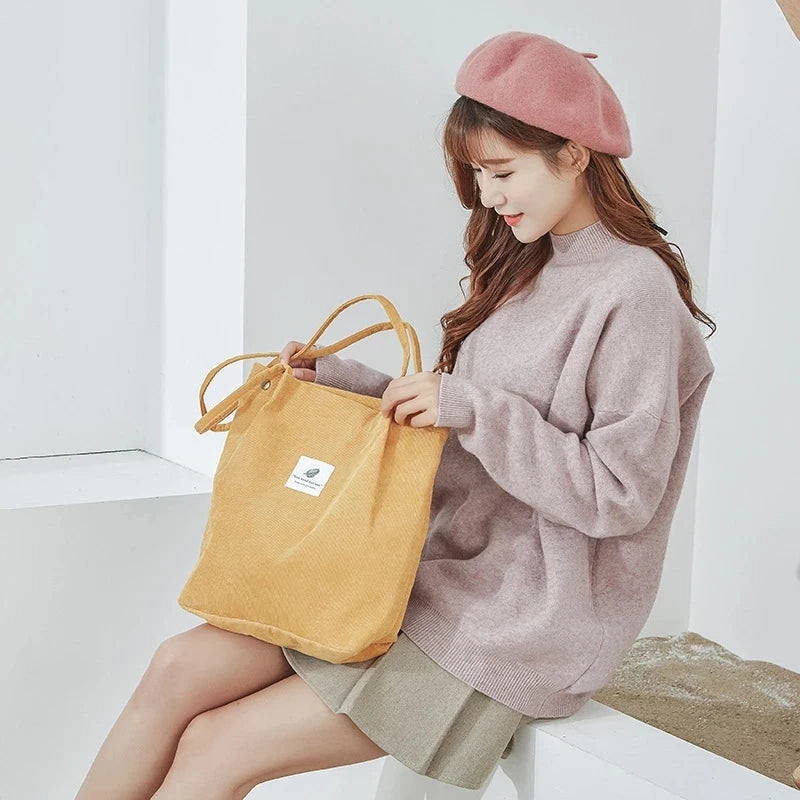 Women Corduroy Shopping Bag Canvas Shoulder Handbag Eco Tote