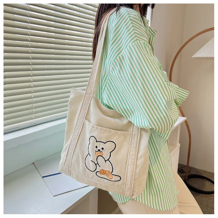 Corduroy Shopping Bag Canvas Shoulder Handbag Totes Outside Pocket