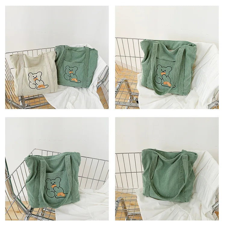 Corduroy Shopping Bag Canvas Shoulder Handbag Totes Outside Pocket