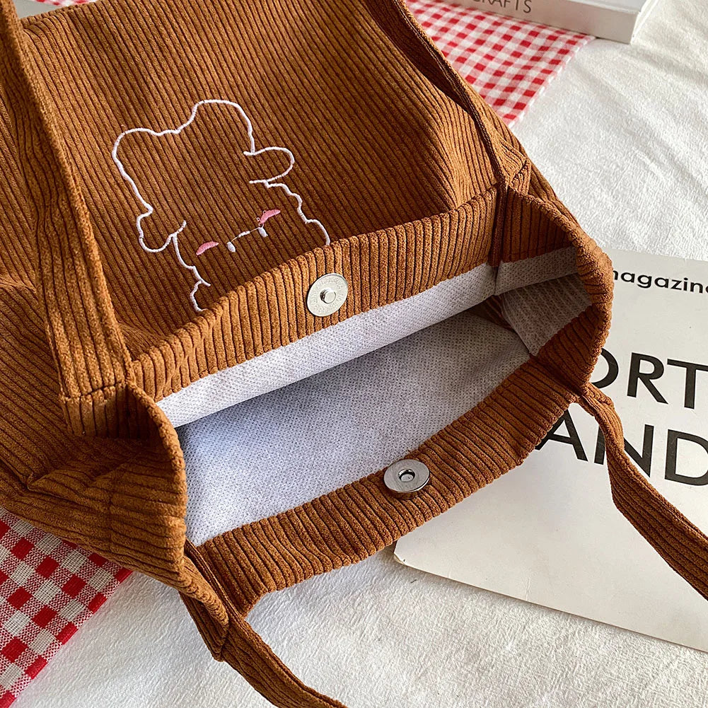 Women Corduroy Shoulder Bag Cartoon Bear Print Handbag