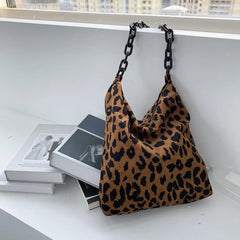 Women Corduroy Shoulder Bag Leopard Handbag Underarm Chain Pouch