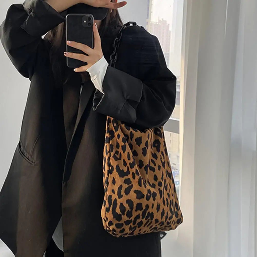 Women Corduroy Shoulder Bag Leopard Handbag Underarm Chain Pouch