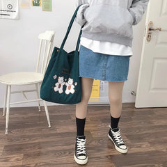 Women Corduroy Shoulder Bag Lucky Bears Embroidery Handbag