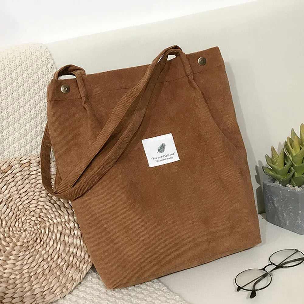 Corduroy Shoulder Bag Women Reusable Shopping Tote Handbag with Button Storage