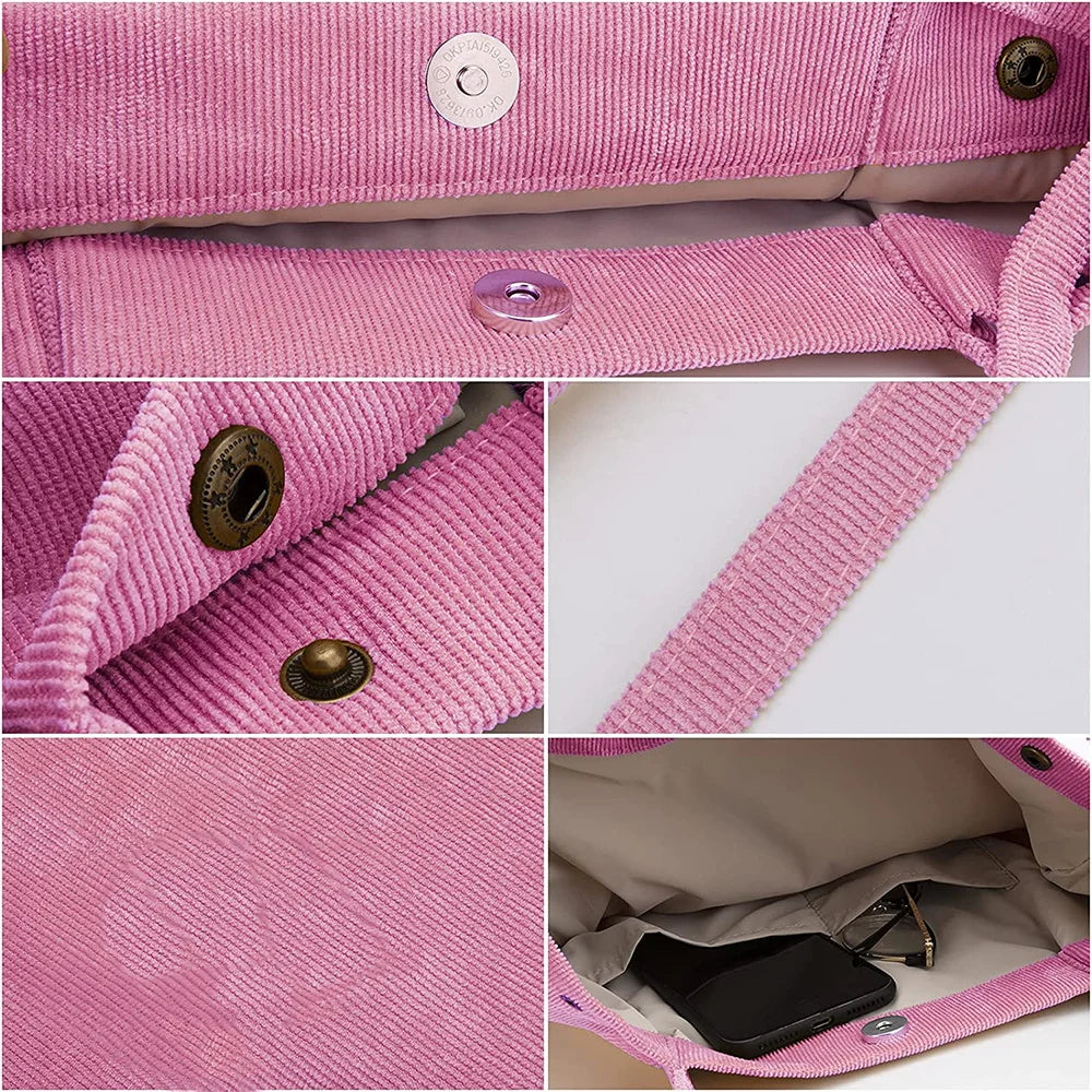Corduroy Shoulder Bag Women Reusable Shopping Tote Handbag with Button Storage
