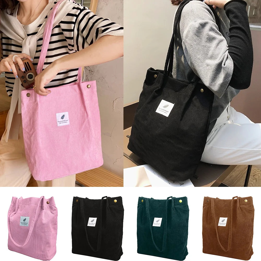 Corduroy Shoulder Bag Women Reusable Shopping Tote Handbag with Button Storage