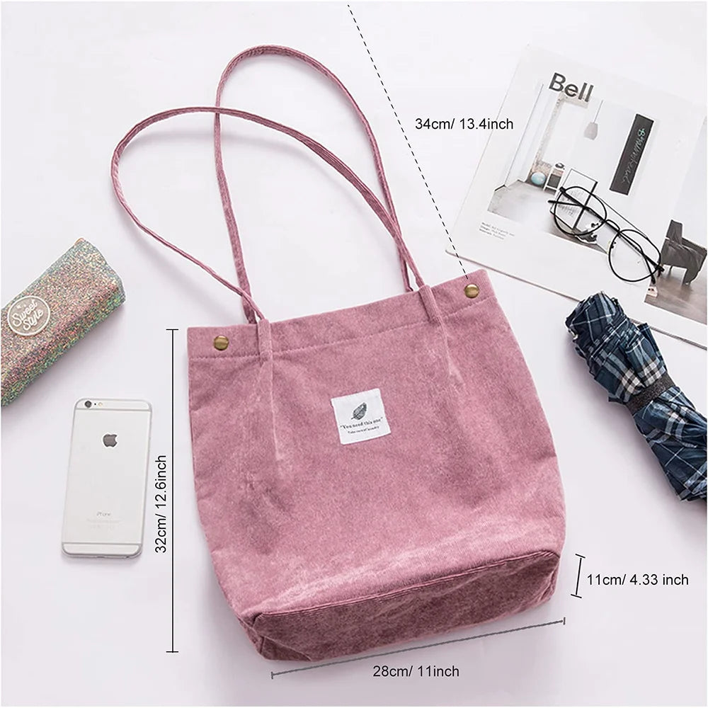 Corduroy Shoulder Bag Women Reusable Shopping Tote Handbag with Button Storage