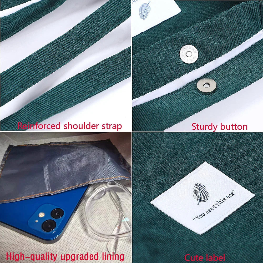 Corduroy Shoulder Bag Reusable Shopping Tote Soft Handbag Button Closure