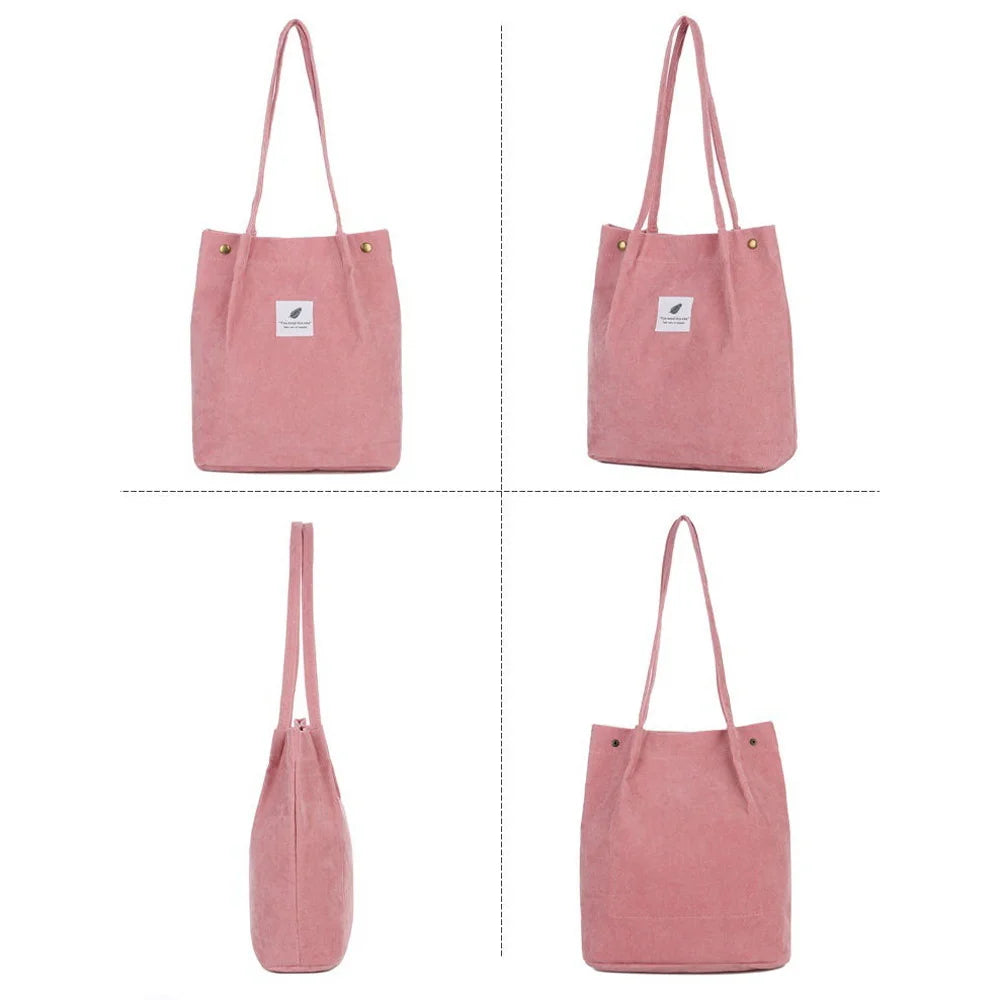 Corduroy Shoulder Bag Reusable Shopping Tote Soft Handbag Button Closure