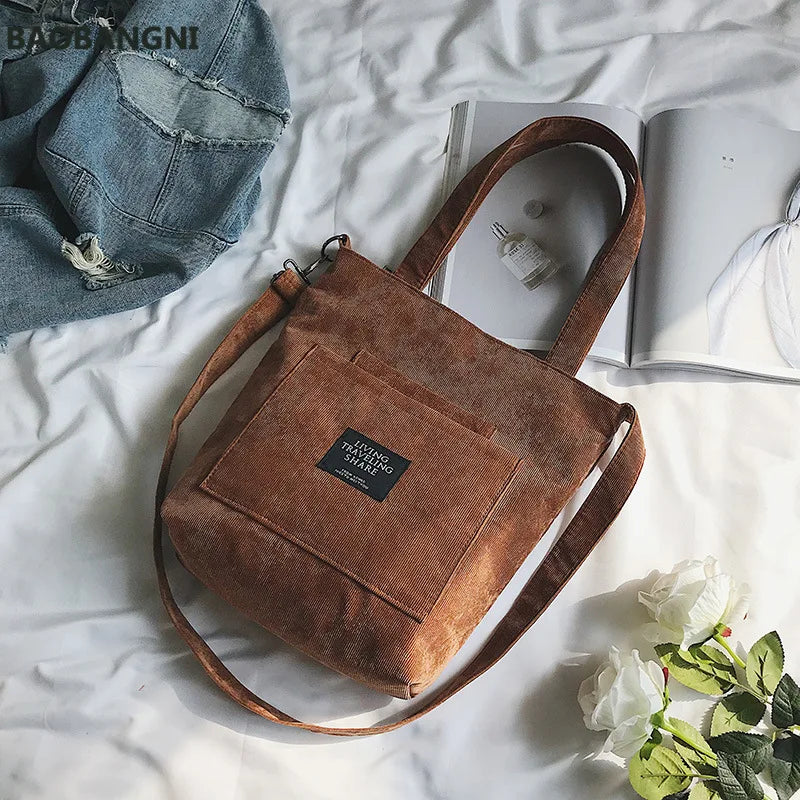 Women Corduroy Shoulder Bag Striped Handbag Zip Tote Canvas Crossbody