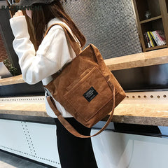 Women Corduroy Shoulder Bag Striped Handbag Zip Tote Canvas Crossbody