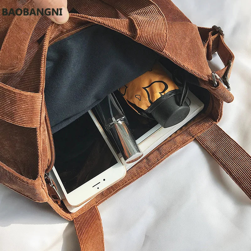 Women Corduroy Shoulder Bag Striped Handbag Zip Tote Canvas Crossbody