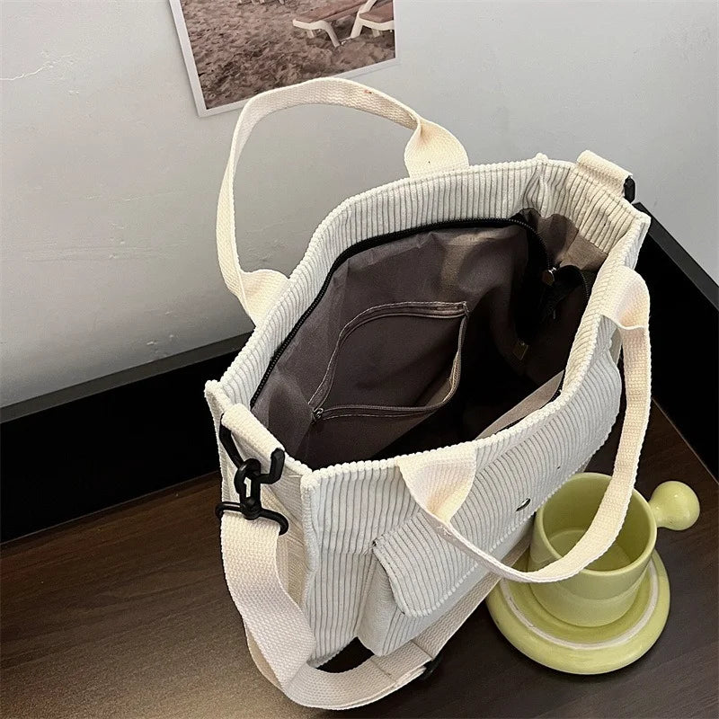 Women Corduroy Shoulder & Crossbody Bags Large Capacity Zipper Totes Soft Embroi