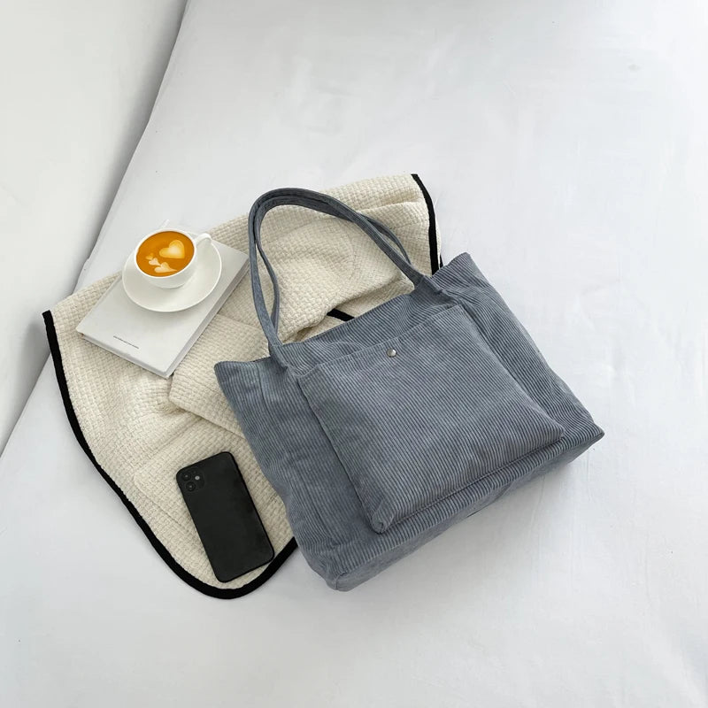 Corduroy Shoulder Shopping Bag Casual Tote for Autumn and Winter