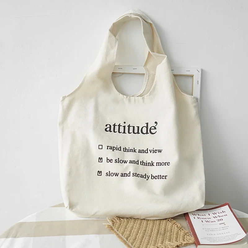 Women Cotton Canvas Shoulder Bag Letter Print Handbag Tote Large Capacity