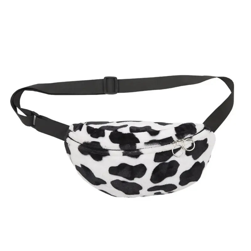 Women Cow Print Plush Waist Bag Fanny Pack Pouch Sport Hip Chest
