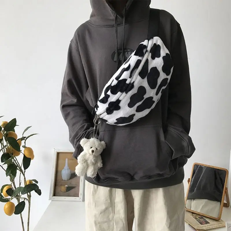 Women Cow Print Plush Waist Bag Fanny Pack Pouch Sport Hip Chest