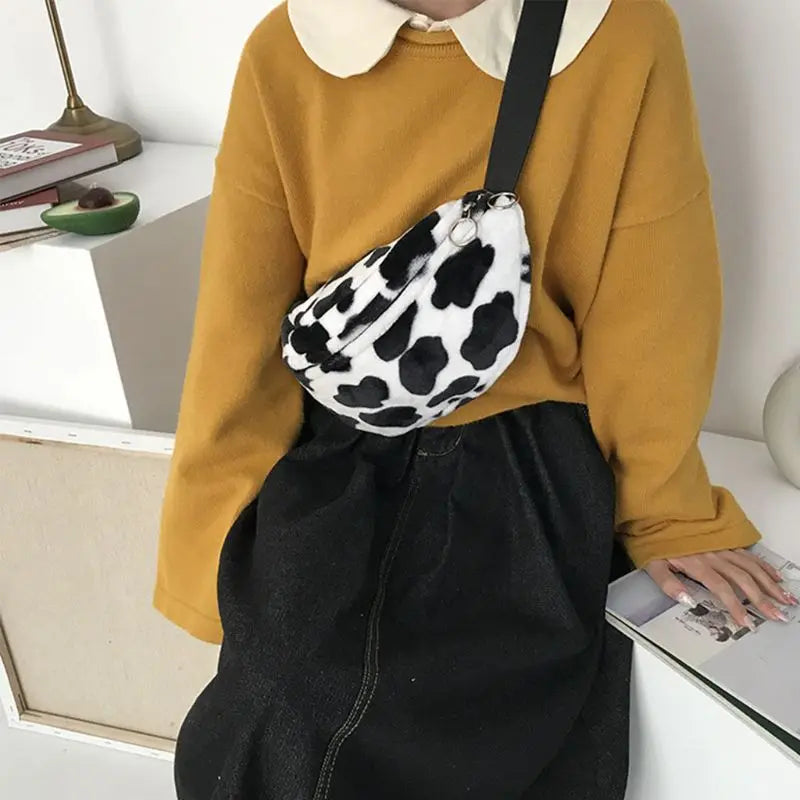 Women Cow Print Plush Waist Bag Fanny Pack Pouch Sport Hip Chest