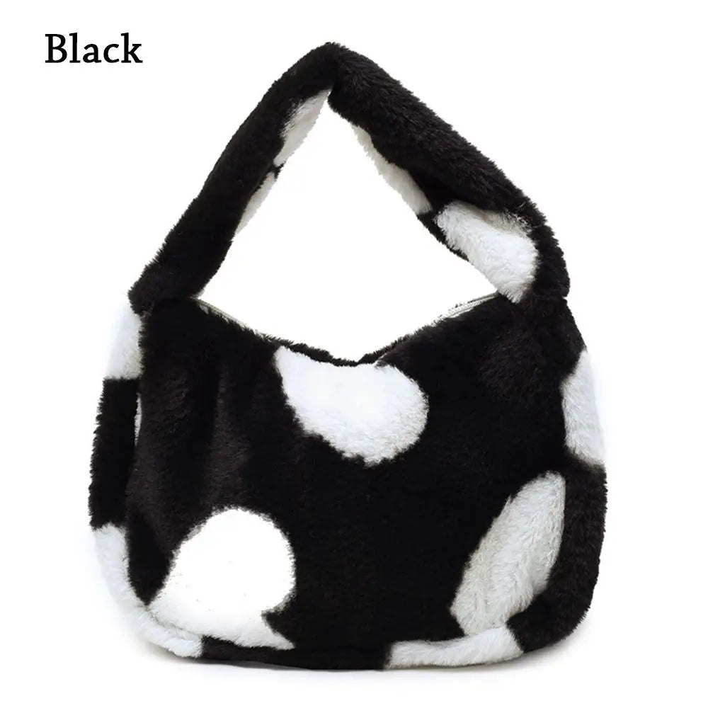 Women Cow Print Fluffy Shoulder Bag Handbag Purse Plush Bag