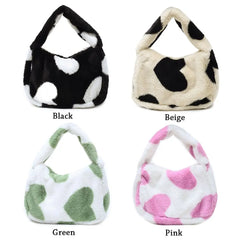 Women Cow Print Fluffy Shoulder Bag Handbag Purse Plush Bag