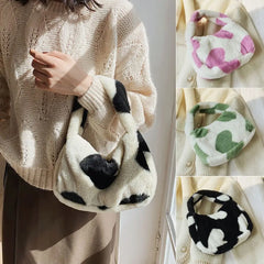 Women Cow Print Fluffy Shoulder Bag Handbag Purse Plush Bag