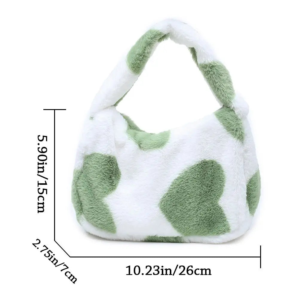 Women Cow Print Fluffy Shoulder Bag Handbag Purse Plush Bag