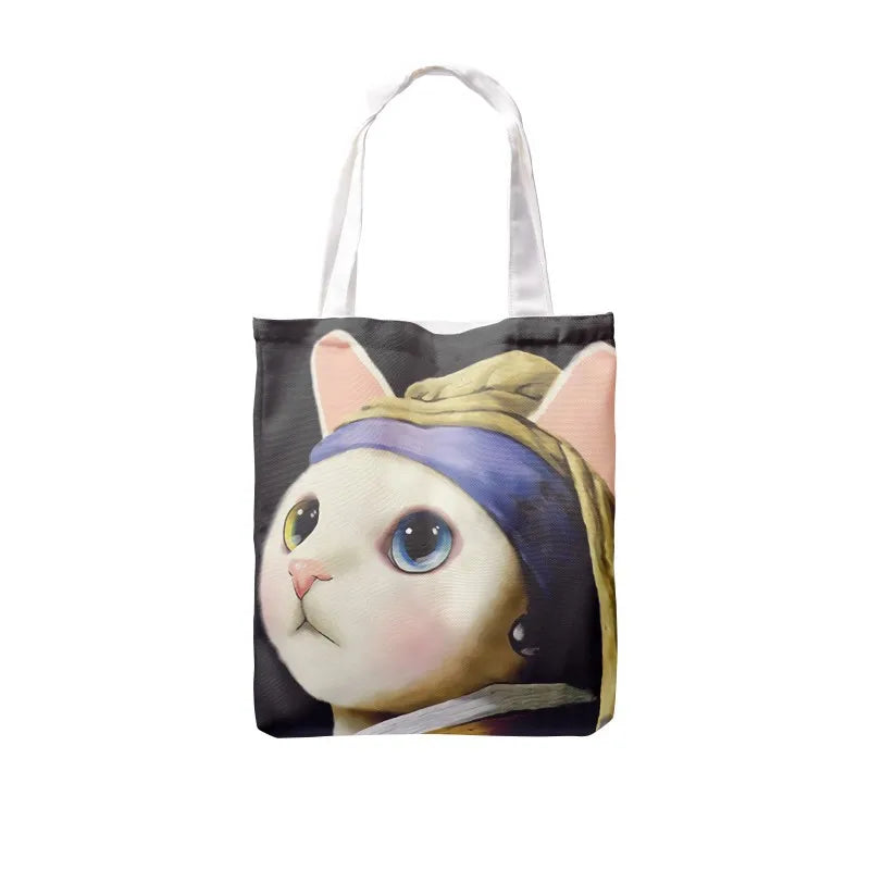 Women Creative Cat Print Tote Canvas Bag with Pocket