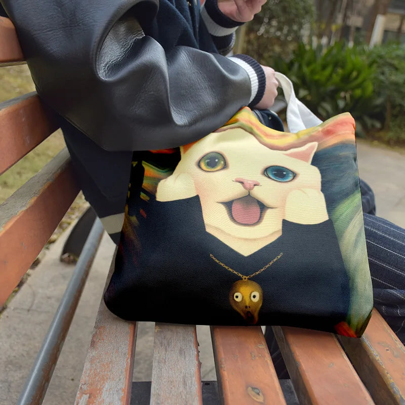 Women Creative Cat Print Tote Canvas Bag with Pocket