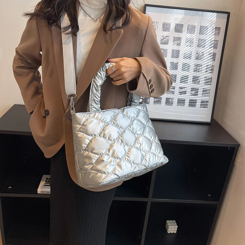 Women Crossbody Bag Solid Shoulder Bags Nylon Cotton Padded Top-handle Bag